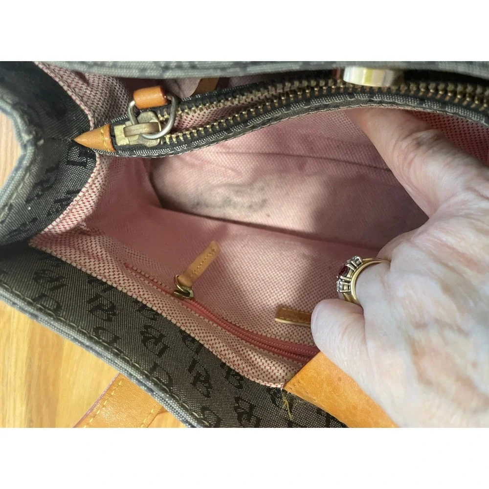 Dooney & Bourke Gray Canvas East/West Shopper Monogram‎ Tote Bag Tan Leather EUC